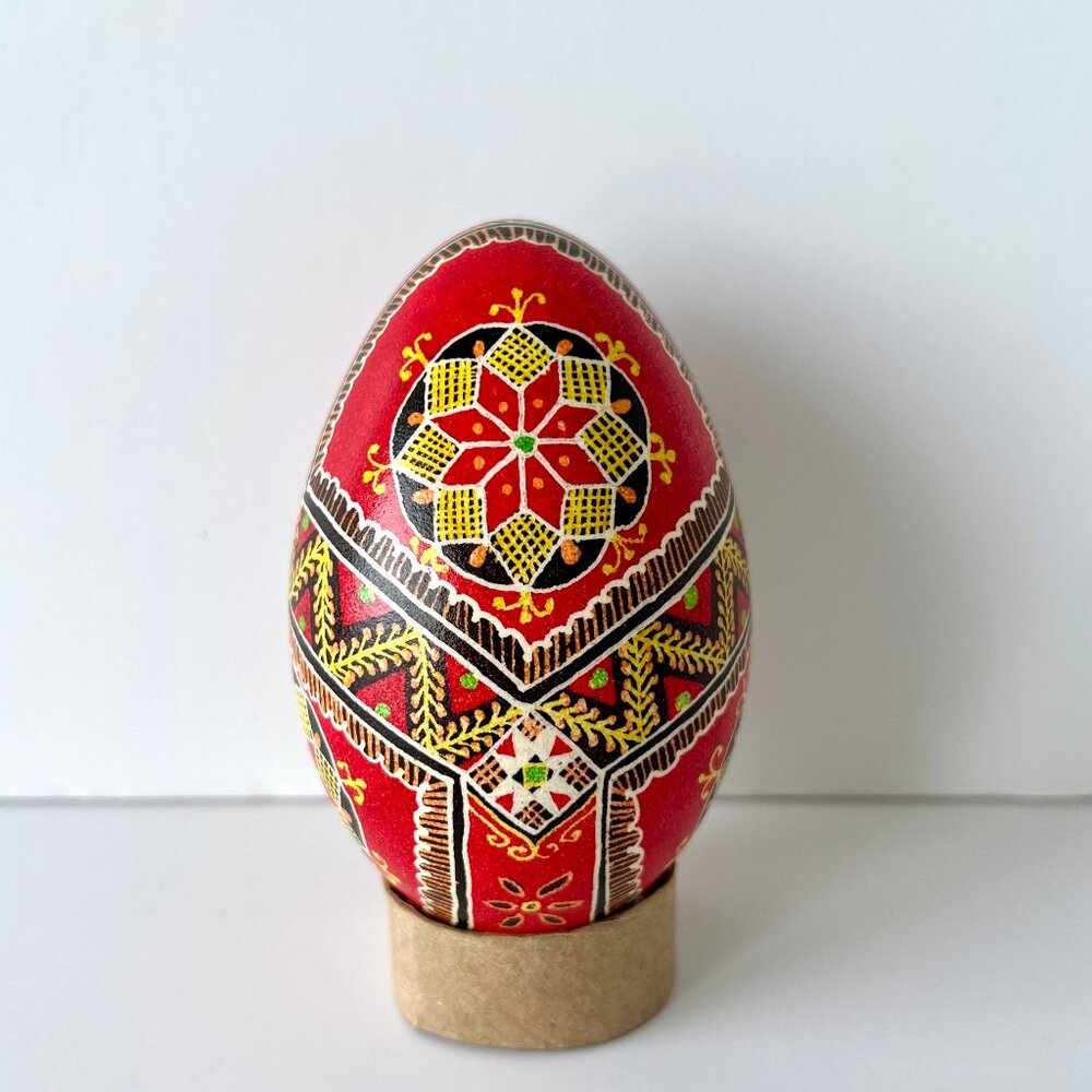 Pysanka Ukrainian Goose Size Easter Egg Vintage, Red With Explanation Sheet